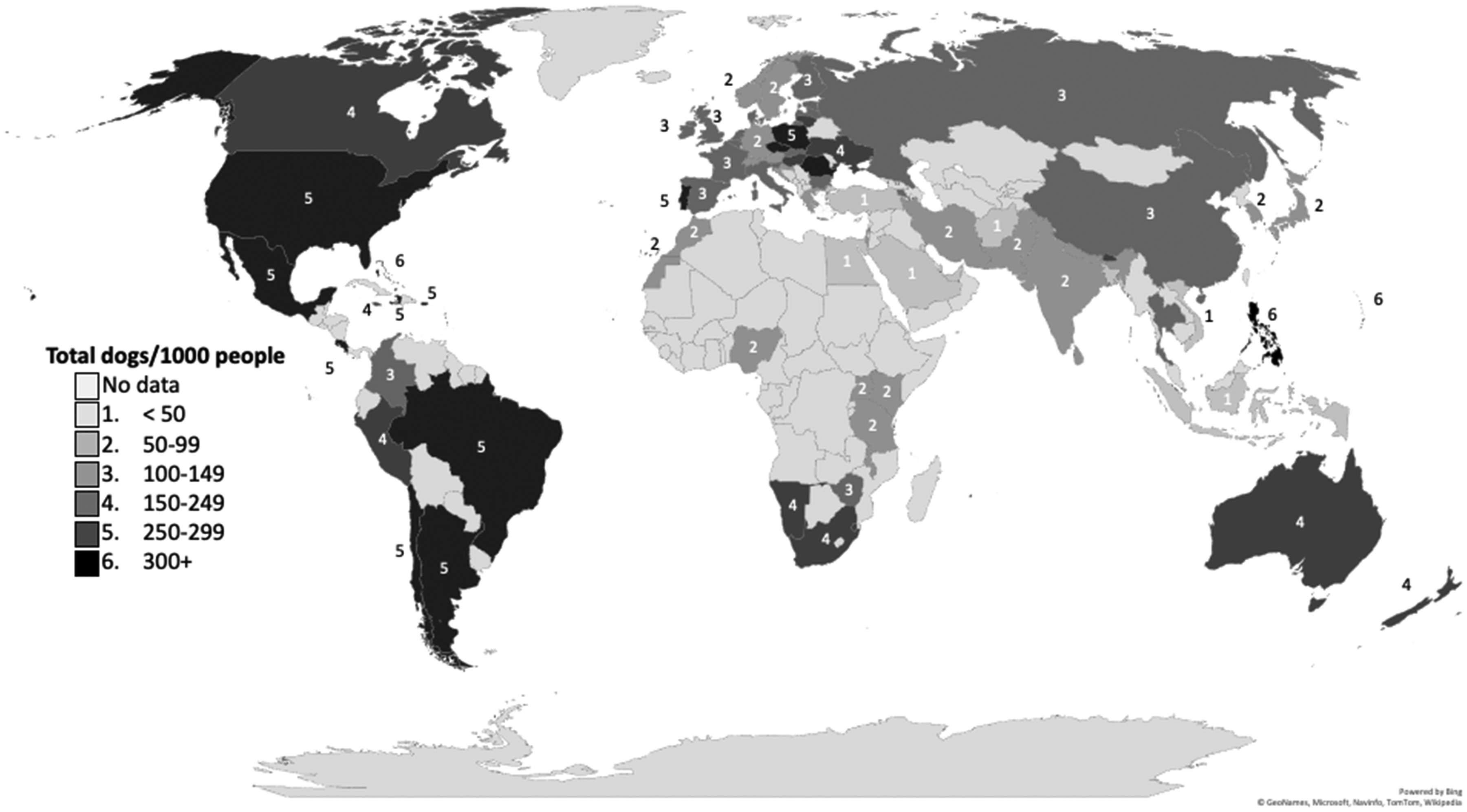 Illustration of distribution of dog densities across countries on a world map.