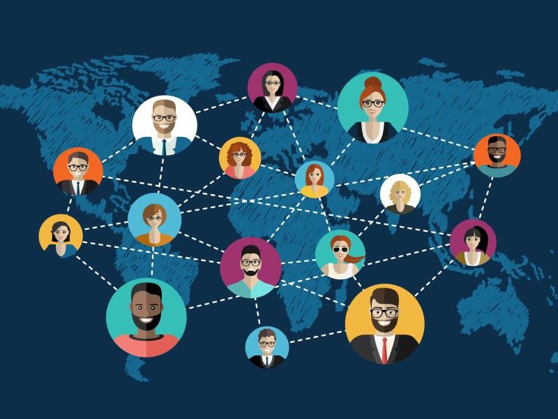 Illustration of large global network with people all over the world connected to one another.