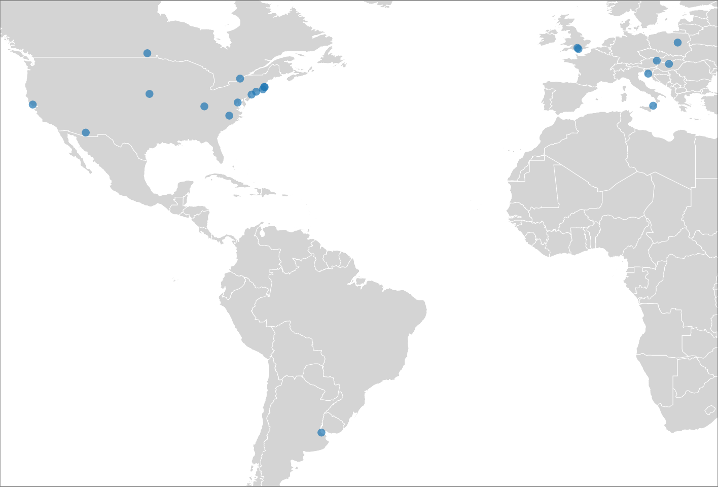 World map with pins showing locations of ManyDogs Project research sites