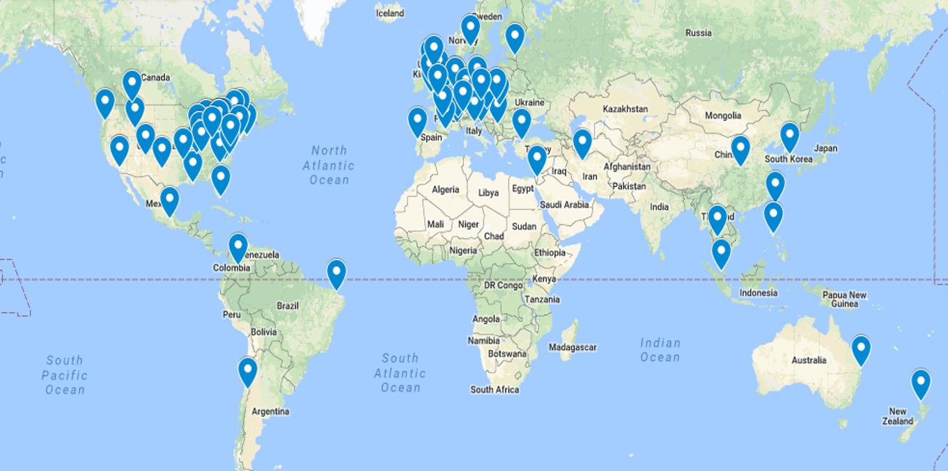 World map with pins showing locations of Psychological Science Accelerator research sites.