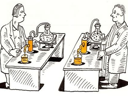 Illustration of two scientists replicating each other's chemistry experiment.