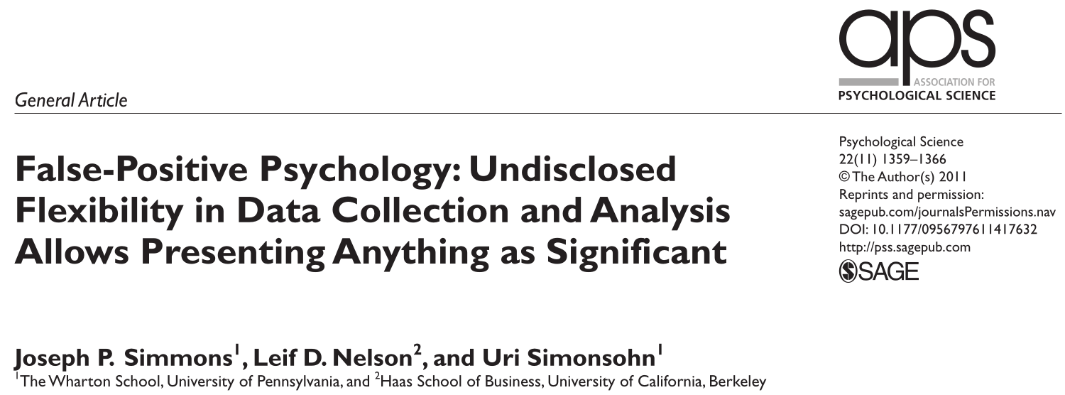 Manuscript info for Simmons et al. 2011 False-Positive Psychology: Undisclosed Flexibility in Data Collection and Analysis Allows Presenting Anything as Significant