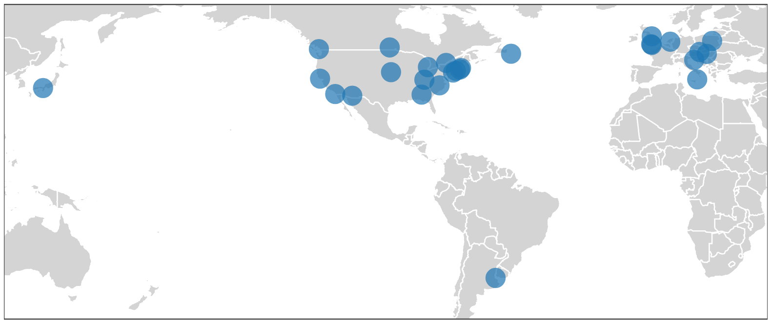 Map of the world with ManyDogs Project sites marked with blue dots.