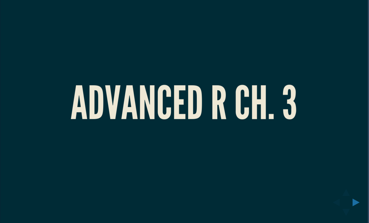 Title slide of deck for Advanced R Ch. 3.