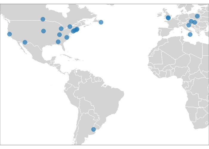 Map of the world with dots representing the locations of ManyDogs research sites.